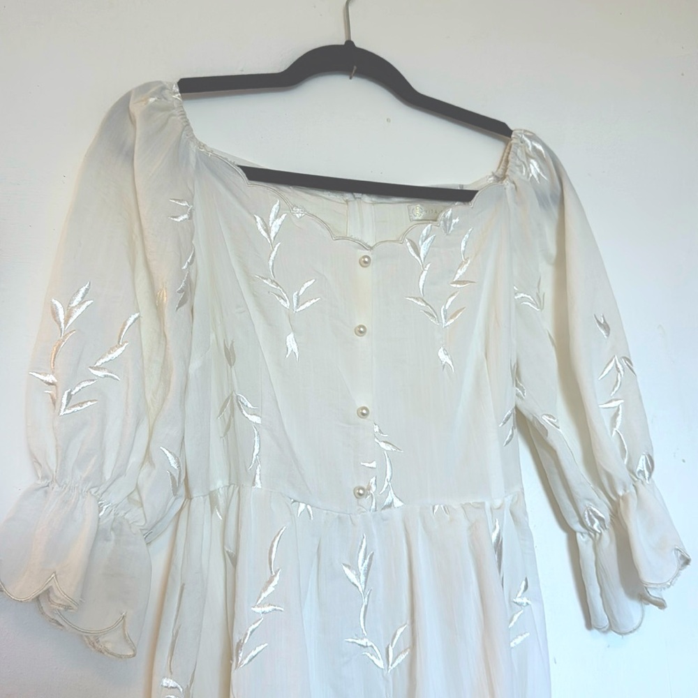 Angel white midi dress with embroidery and boat neckline